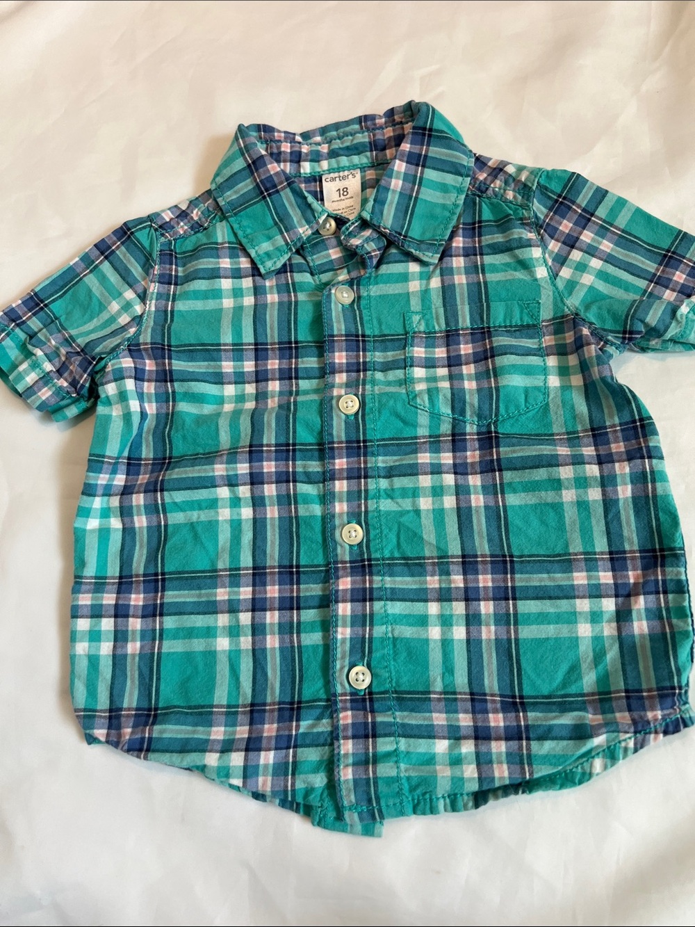 “Bundle 10/$13” Carter's 18m Teal & Navy Plaid Short-Sleeve Button-Down Shirt